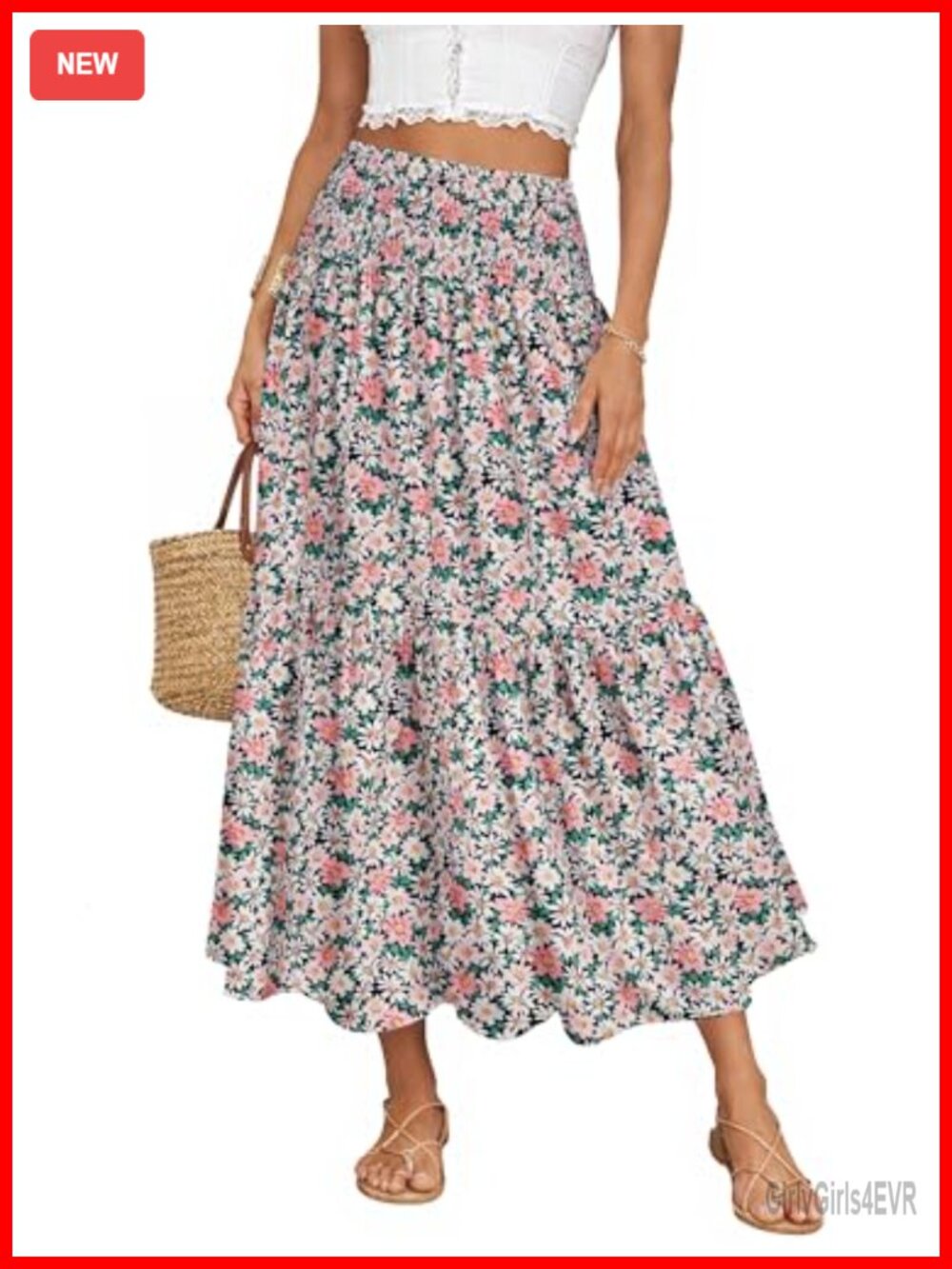 Women's Smocked Waist Floral Maxi Skirt with Pockets A-Line Summer